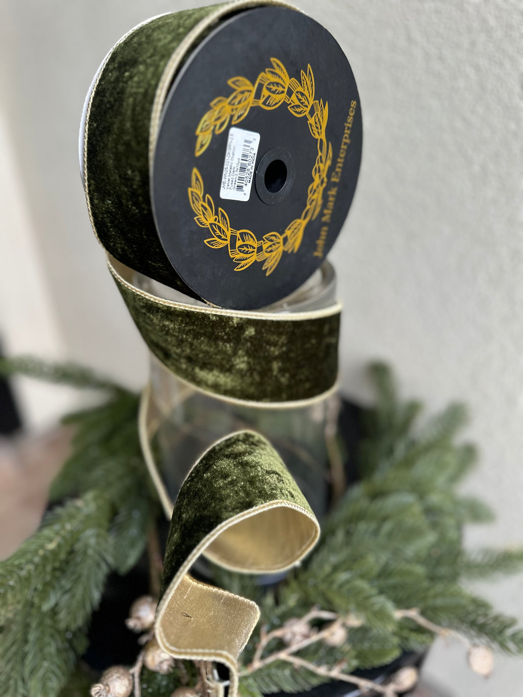 Dark Green Velvet with Champagne Trim 2.5inch - 10 yards